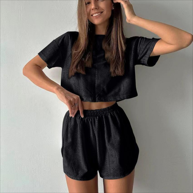 2 Pieces Set Quantity Holiday, Daily Occasion Round Neck Neckline Comfort Function Holiday Daily Women's Vacation Solid Color Spandex Polyester Hollow Out Pant Co-ord Set Shorts Sets