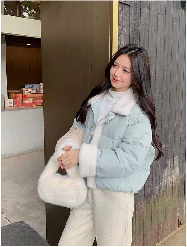 韩系奶蓝色羊羔毛拼接短款棉服女冬加厚保暖棉衣宽松显瘦外套上衣|undefined