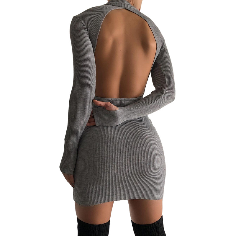 Solid Color Knitted Round Neck Long Sleeve Open Back Slim Dress NSDLS109784