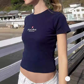 BM风 藏蓝瑞士十字架字母刺绣圆领短袖T恤女辣妹短款正肩修身上衣