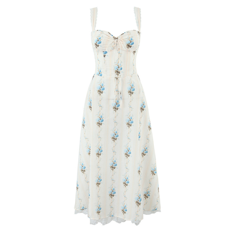 House Same Style French Style Elegant Printed Fishbone Slim-fit Camisole Mid-length Dress dress