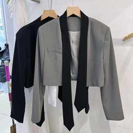 飘带短款西装外套女春秋2023设计感今年流行灰色小西服小个子上衣