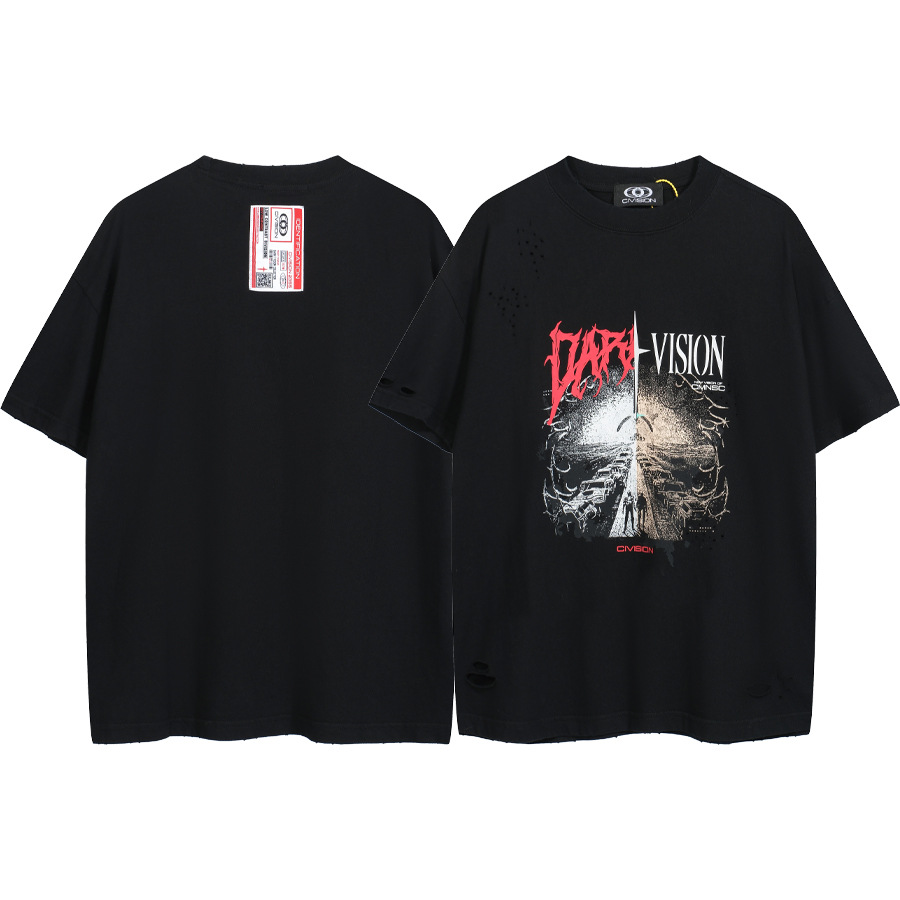 CIVISION by CSC Bordado LOGO Etiqueta Lavado y desgastado Vibe Camiseta suelta de manga corta para hombres y mujeres