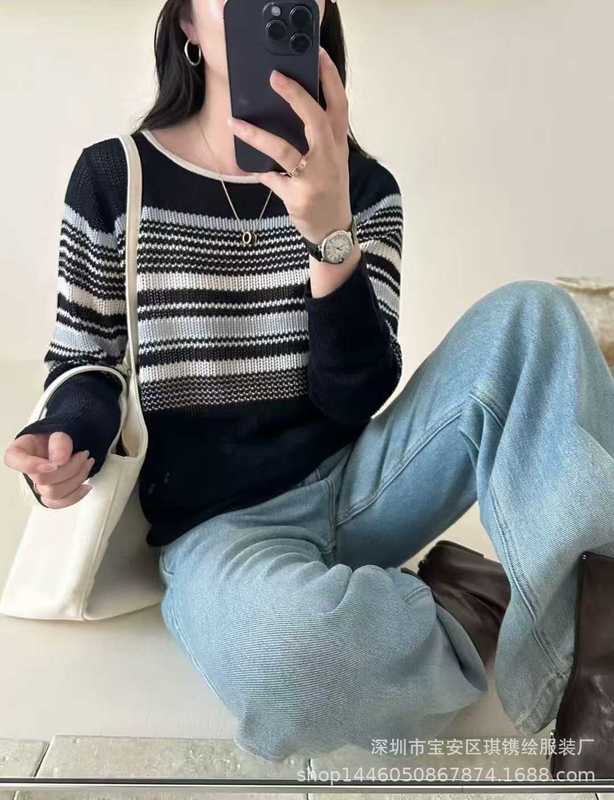 琪镌绘制早秋款圆领撞色条纹针织衫女宽松显瘦百搭气质上衣98807|undefined