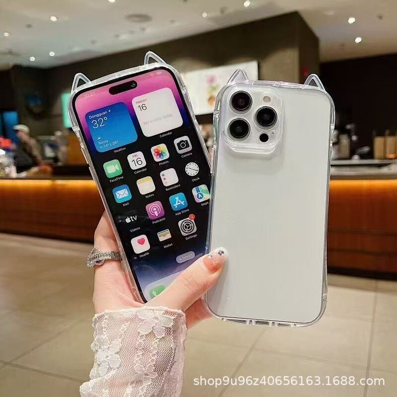 Cat Ears Apple 16Promax Mobile Phone Case 1615Pro Transparent 16Pro Soft Case 14 Simple Anti-Fall Airbag