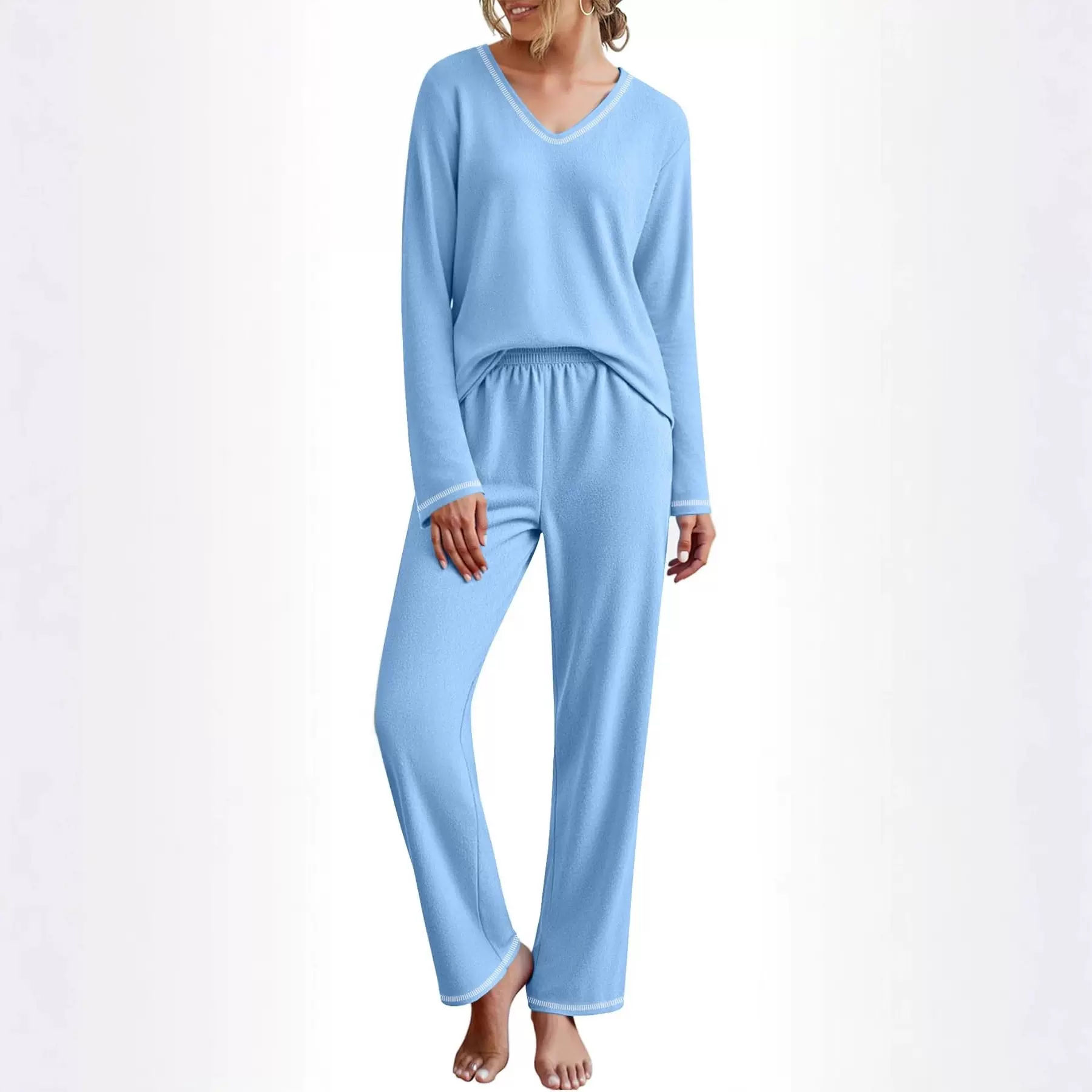 亚马逊新款女士睡衣套装两件套毛绒休闲长袖睡衣秋冬休闲套装