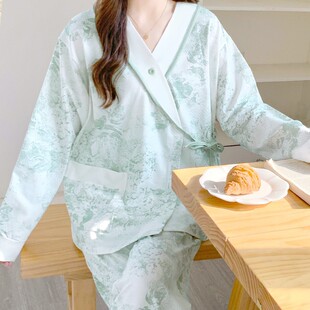 Yuezi Clothing Spring and Autumn Pure Cotton Thin Clothing for Delivery Postpartum Lactation Adjustable Pregnant Women's Pajamas for Hospitalization and Nursing