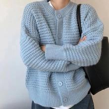 韩系慵懒风秋冬新款2025菠萝纹圆领长袖毛衣女外套宽松针织开衫女