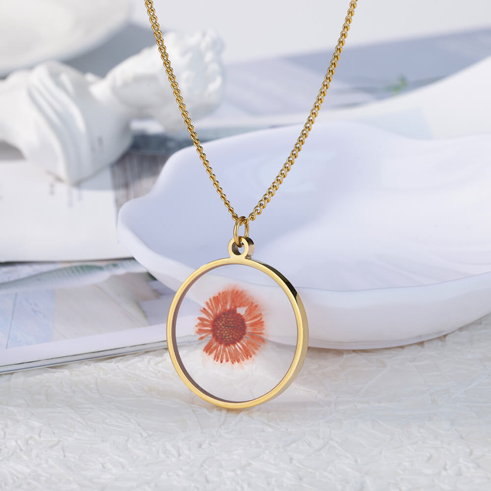 1 Piece Retro Round Flower Stainless Steel Inlaid Resin Pendant Necklace_colorza_5