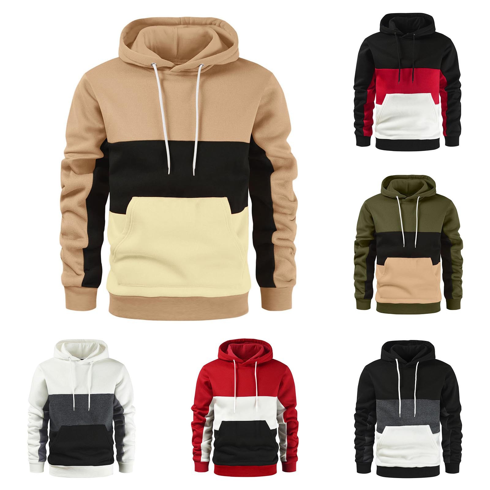Men's winter fleece sweatshirt sports casual top color blocked hooded fashionable pullover_voghion.com
