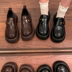 软羊皮~棕色厚底小皮鞋女款2025秋季圆头单鞋英伦风乐福鞋一脚蹬