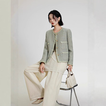 名媛假日秋冬新款浅绿色粗花呢外套精致滚边设计金色扣小香风上衣