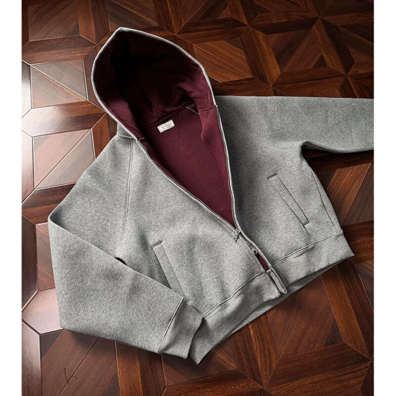 Oclin Air Layer Short Hooded Sweatshirt Men's 750g Heavy Boxy Version Imperial Red Inner Cardigan Jacket
