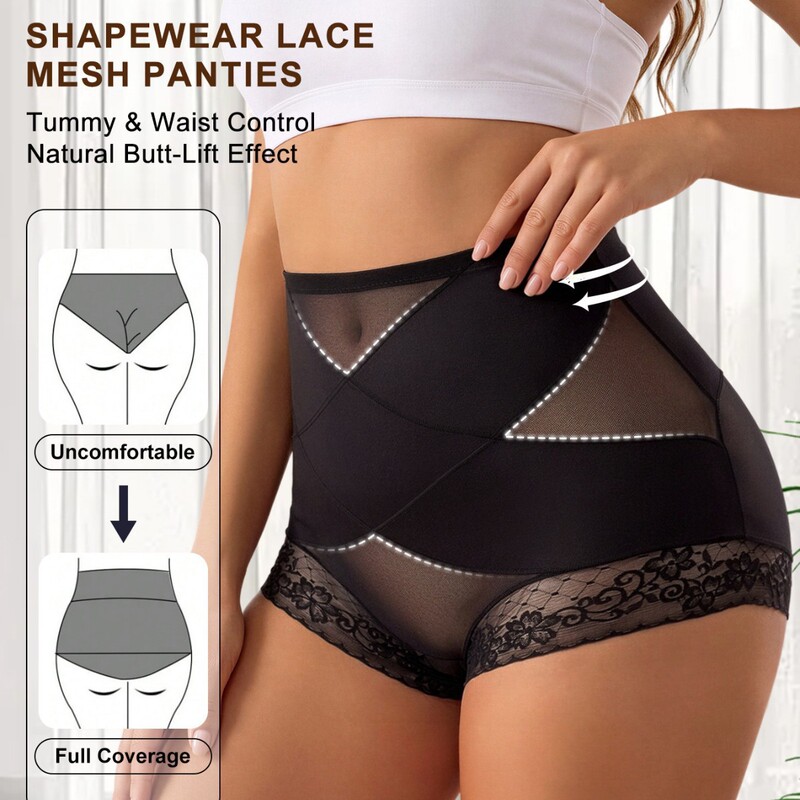 High-waisted, lightweight, luxurious satin and lace criss-cross design, comfortable, seamless, shaping, and hip-lifting, with anti-peek features, triangle-shaped body shaper panties for women