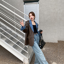 西装外套女设计感小众秋季2024新款牛仔拼接皮衣高级感炸街小西服