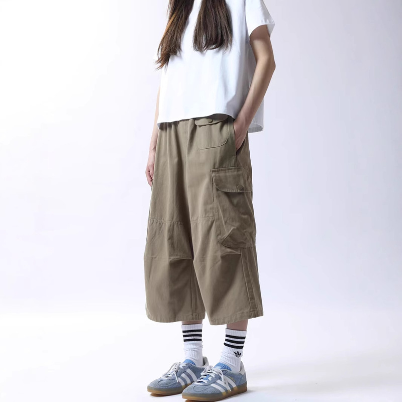 Pure Cotton Loose Cargo Cropped Pants for Women, Summer New Versatile Slimming Street Style Pocket Straight Wide-Leg Casual Pants
