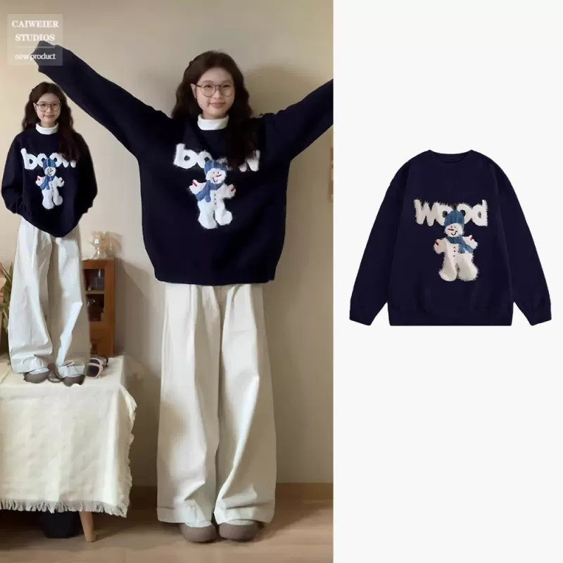 秋冬氛围感穿搭卡通雪人毛衣女宽松加厚设计感慵懒风软糯针织上衣