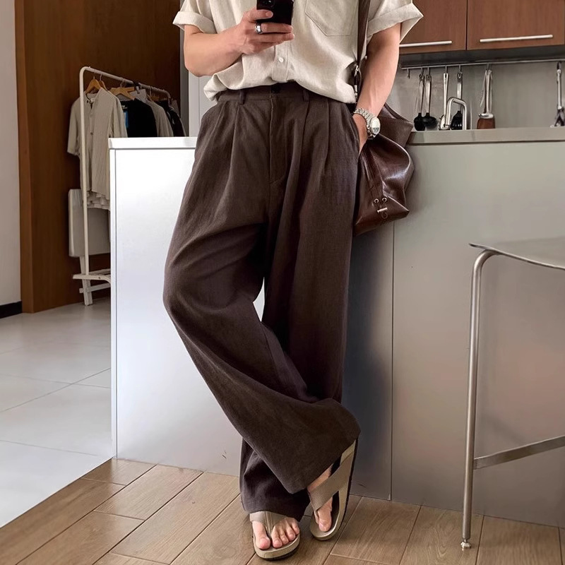 Korean Style High-End Casual Pants for Men, Summer Thin Drape Ins Loose Straight Pants, Light Mature Wide-Leg Long Pants