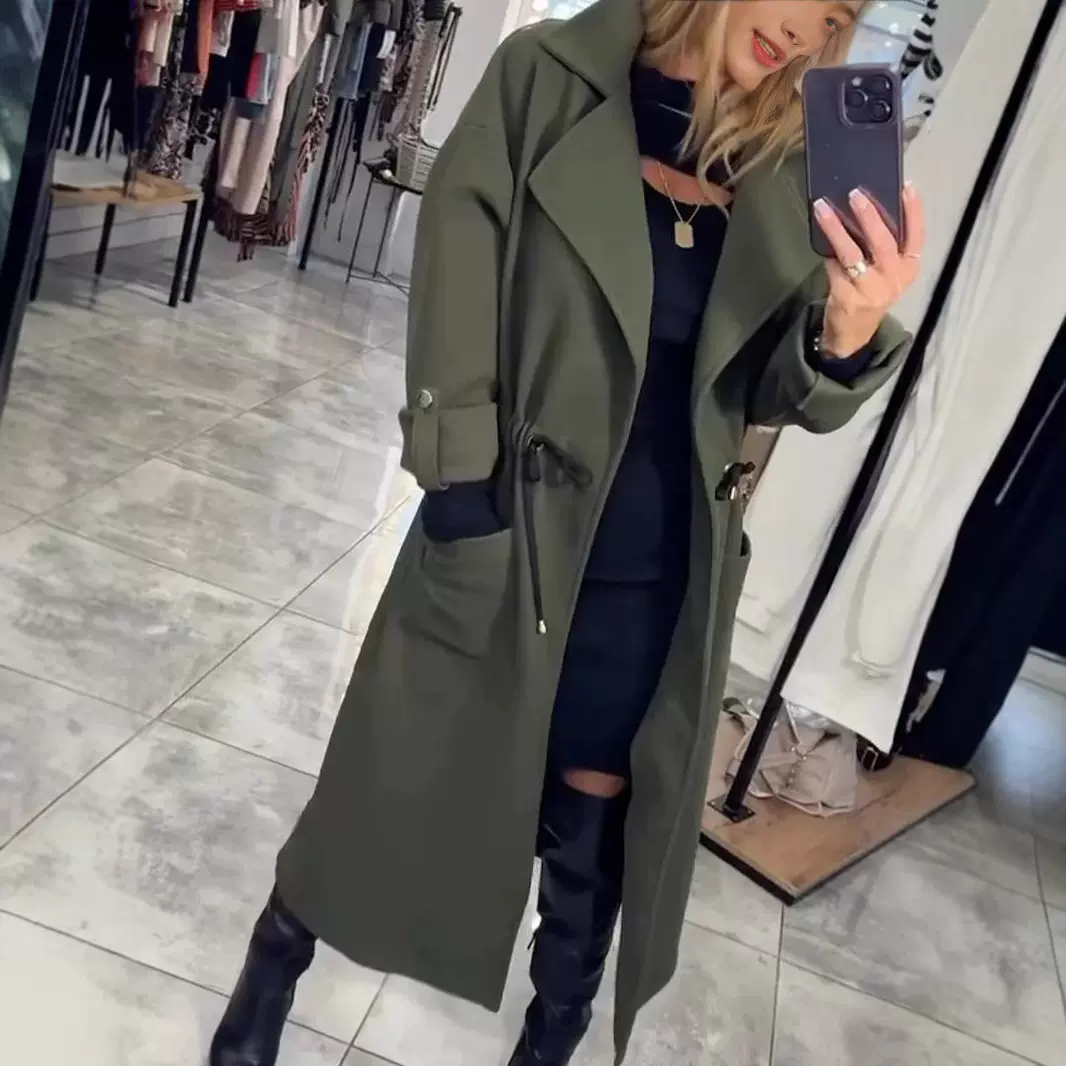 2024秋冬女装欧美跨境亚马逊独立站时尚休闲翻领纯色长款风衣外套