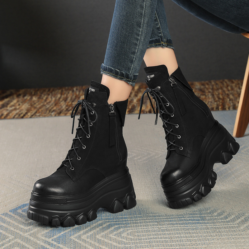 Boot nữ cổ thấp dây buộc phong cách Anh quốc cổ điển, gót cao 12 cm — Đen nhung