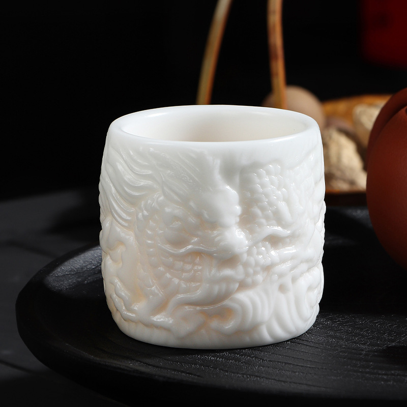 羊脂玉茶杯个人专用白瓷功夫水杯陶瓷茶杯品茗杯手工浮雕单杯中式