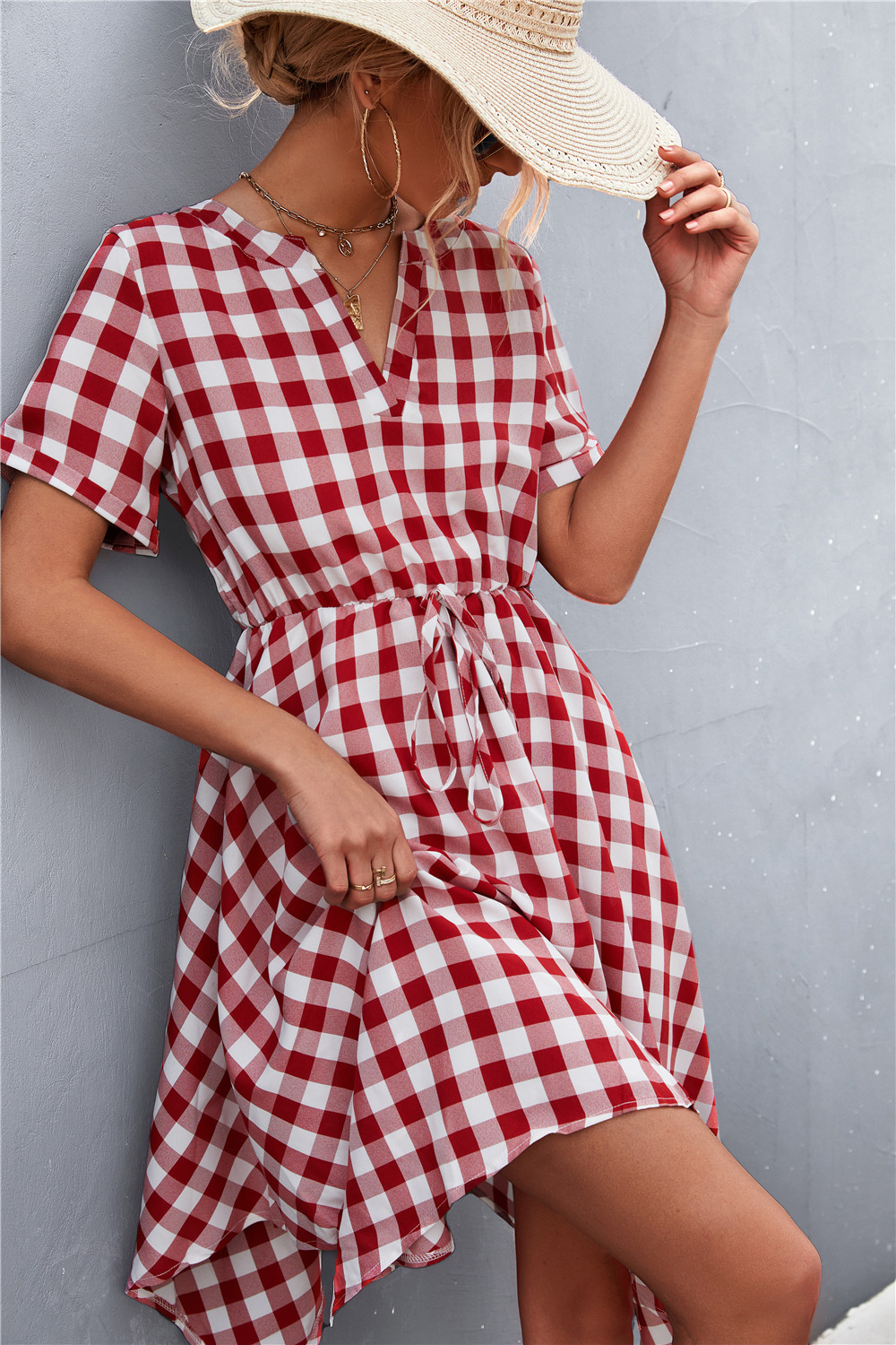 irregular hem V-neck short sleeve lace-up plaid dress NSLNZ123432