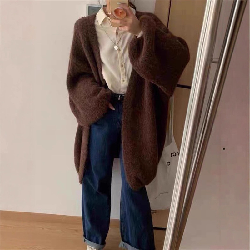 韩系中长款软糯针织开衫上衣女秋冬新款纯色百搭宽松慵懒毛衣外套|undefined