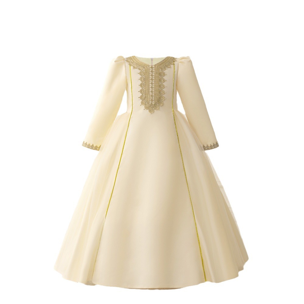 Transfronterizo amazónica comercio exterior vestido de niños satin champagne bordado vestido de mangas largas vestido de niña vestido de espectáculo