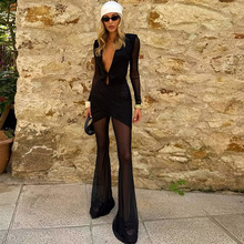 欧美风2025秋冬新款女装性感深V领镂空网纱拼接透视长袖连体裤女