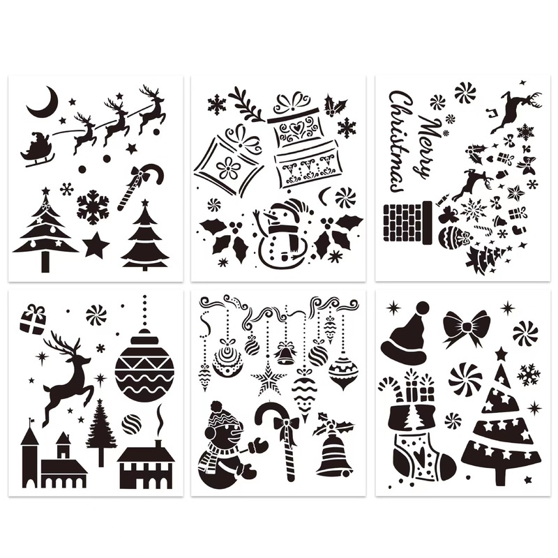 6枚のクリスマス透かし絵テンプレート、子供や学生向けの手描きDIYパターン、模写、落書き、捺染、透かし印刷テンプレート|undefined