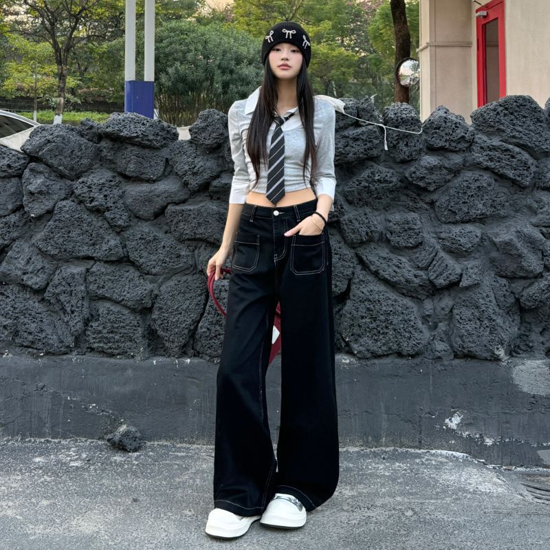 Mali Mary & American Retro｜Front Patch Pocket Design｜Loose Straight Wide Leg Jeans for Women