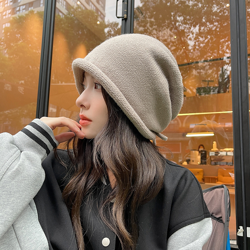 Nuevo gorro apilable para mujer japonesa, con diseño de cara pequeña, gorro frío, cabeza grande, cordón ajustable, borde rizado, gorro de punto._voghion.com
