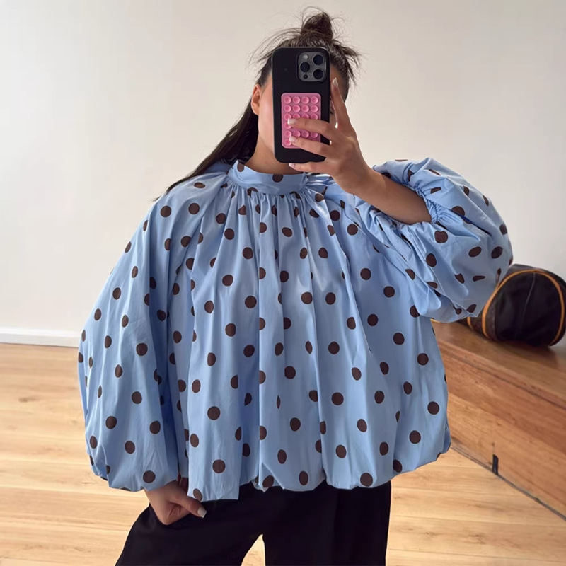 2026 European and American Style Plus-Size Slimming Polka Dot Shirt with Back Slit, Women's Loose Puff Sleeve Top That Hides the Body Shape and Makes You Look Slimmer 2026 European and American Style Plus-Size Slimming Polka Dot Shirt with Back Slit, Women's Loose Puff Sleeve Top That Hides the Body Shape and Makes You Look Slimmer