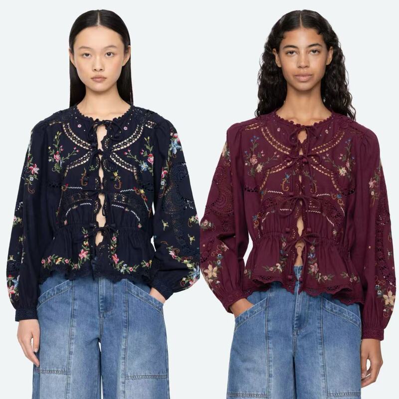 Nanyou Wholesale Elegant Hollow-Out Embroidered Linen Blend Lace Trim Long-Sleeve Embroidered Shirt for Women