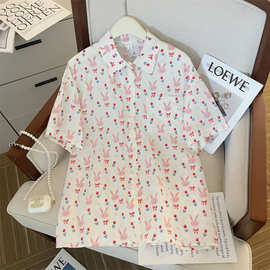 日系夏季薄款粉白色碎花短袖衬衫外套女宽松小众设计感百搭上衣潮