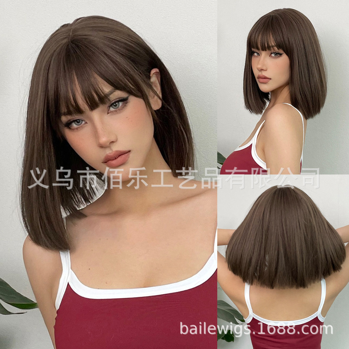 Peluca transfronteriza Qi flequillo cabeza de onda negra bobo pelo corto natural diario filamento químico fabricante spot wigs