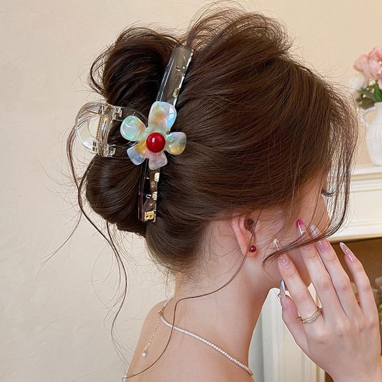 62# iridescent red pearl shell pattern flower ice-through claw clip, approximately 13cm