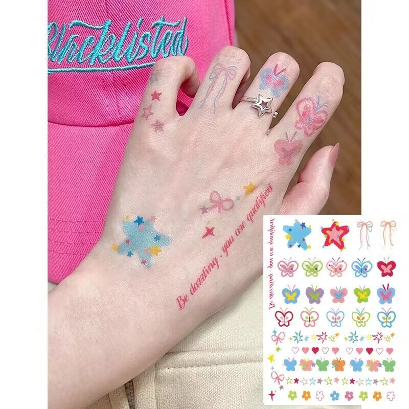 Popular Summer Star Flower Arm Colorful Tattoo Stickers Ins Cute Dopamine Girl Heart Washable and Long-Lasting Students