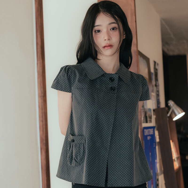 Korean Ins Summer Niche Designer Sweet Japanese-Style Polka Dot Single-Pocket Short-Sleeve Shirt Top