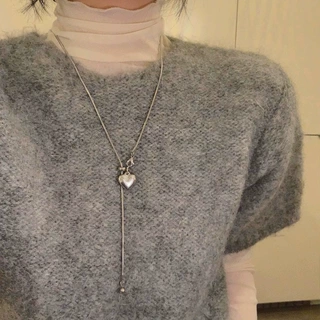 韩系银色爱心抽拉流苏毛衣链简约精致项链女小众设计感颈链锁骨链