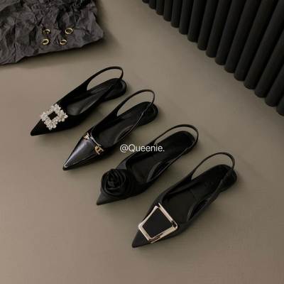 French Flats Black Toe Sandals Fairy Shoes 2023 New Spring and Summer Pointed Toe Rhinestone Elegant Flats