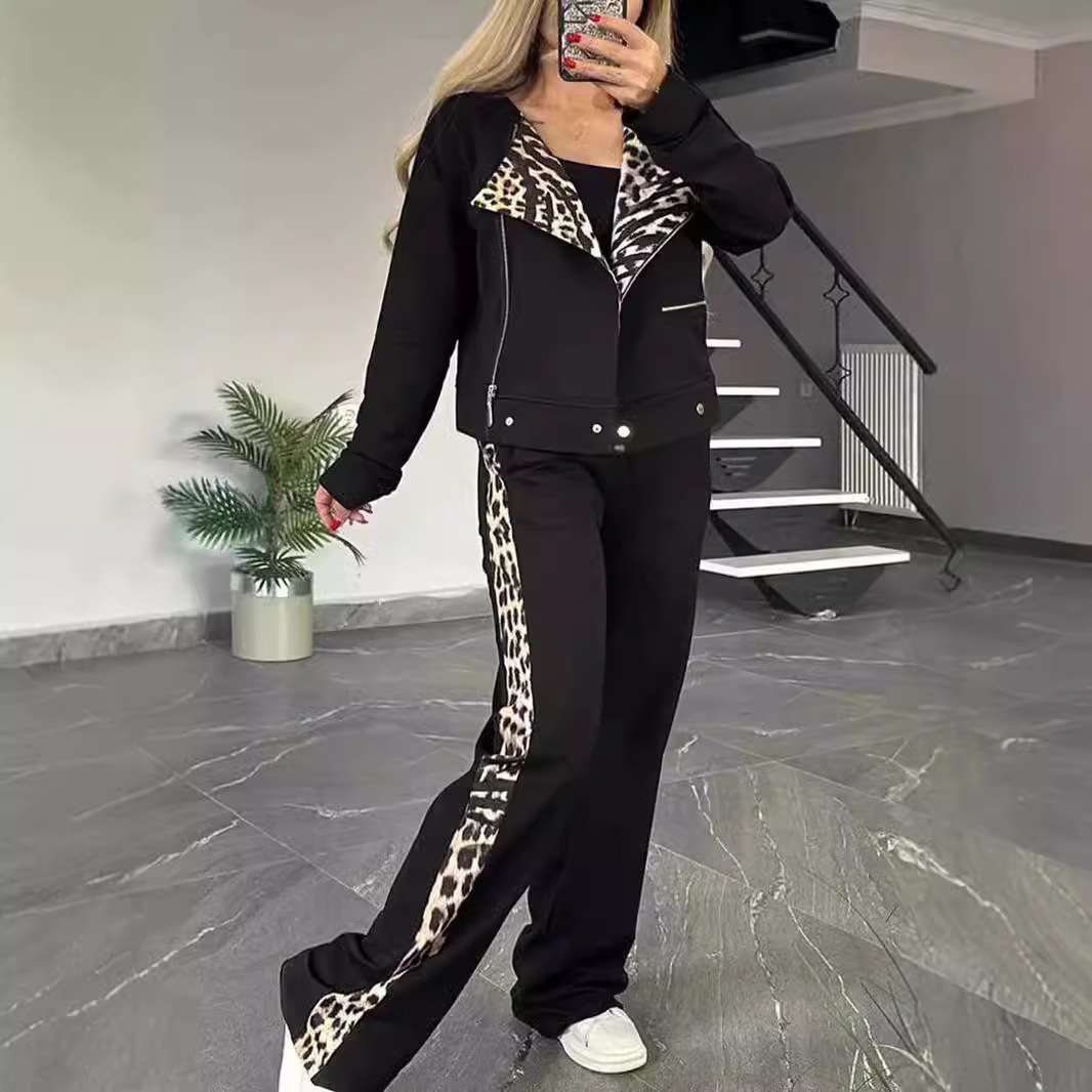 Women's Clothing Autumn and Winter Fashion Casual Double sided Leopard Print Suit Zipper Long Sleeve Suit Women_voghion.com