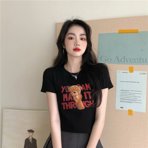  summer new style Korean letter bear print short-sleeved T-shirt women's slim short top foreign trade women's clothing