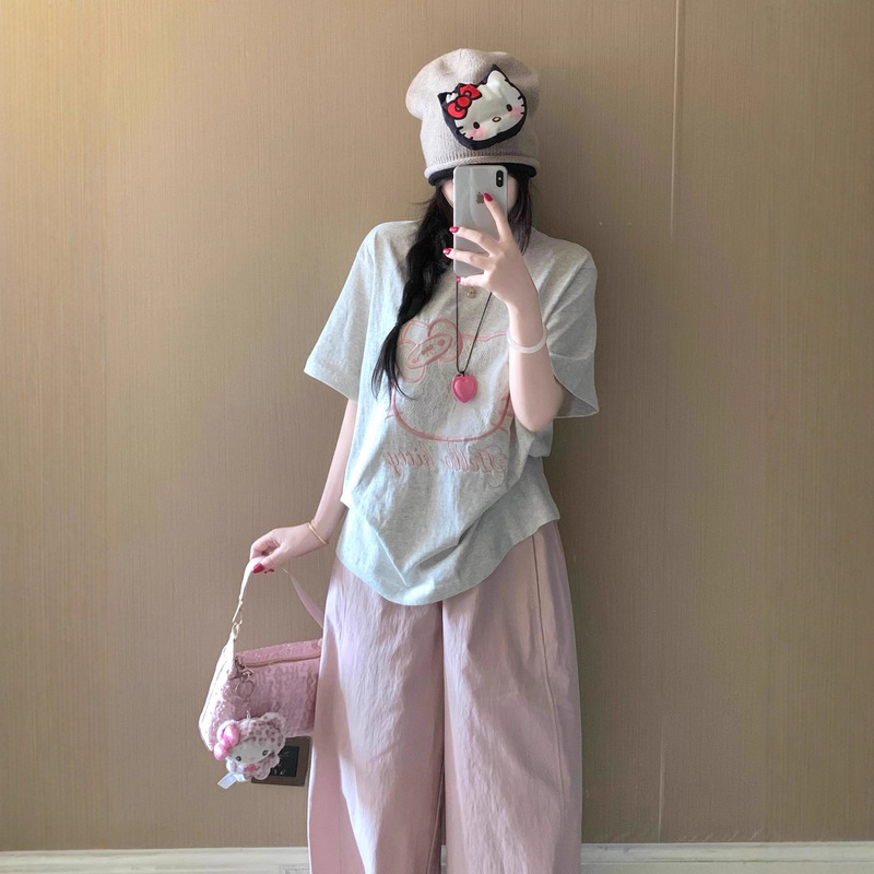 Sweet Age-Reducing Casual Sports Suit for Women, Summer Korean Student Slimming Loose Short-Sleeved Wide-Leg Pants Fashionable Two-Piece Set