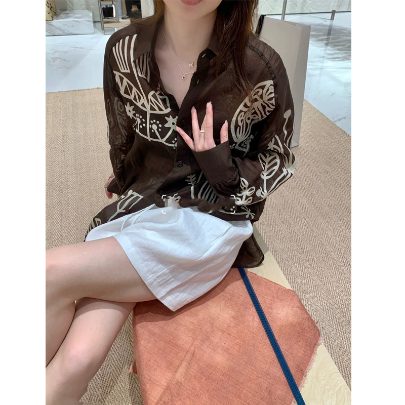 设计师款！~定织y料~！苎麻微透图腾衬衫长袖2025秋季宽松上衣潮|undefined