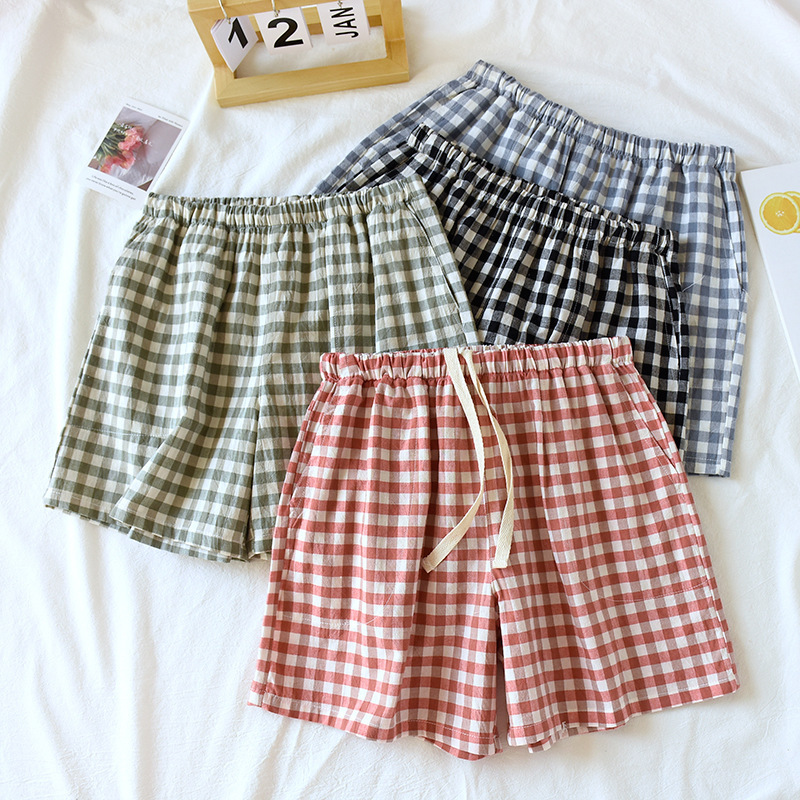 Pajamas women's shorts pure cotton men's summer thin fifth pants Japanese Plaid washed beach pants couple home pants Pajamas women's shorts pure cotton men's summer thin fifth pants Japanese Plaid washed beach pants couple home pants