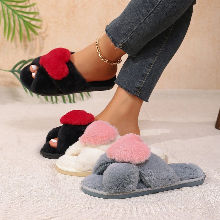Cross-Border Open-Toe Plush Slippers Amazon Women's Foreign Trade Cross-Strap Heart-Shaped Home Slippers European and American Fashion Casual Cotton Slippers for Women