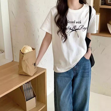 夏季韩版新款女装优质棉蝴蝶结缎带字母印花宽松圆领短袖T恤1125