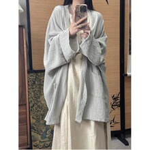 新中式禅意棉麻衬衫外套女中长款复古宽松慵懒肌理感亚麻开衫上衣