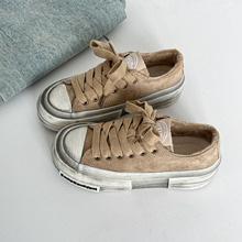 复古做旧帆布鞋女厚底脏脏鞋加绒棉鞋2025冬学生滑板鞋6172M